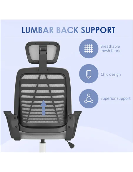 Vinsetto Ergonomic Office Chair, Mesh Desk Chair with Rotatable Headrest, Lumbar Back Support, Armrest, Grey