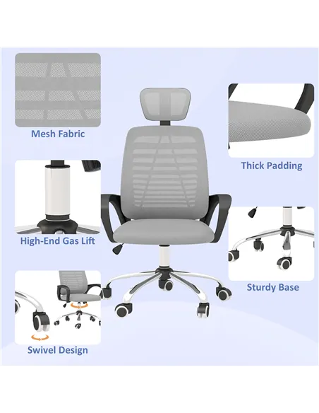 Vinsetto Ergonomic Office Chair, Mesh Desk Chair with Rotatable Headrest, Lumbar Back Support, Armrest, Grey