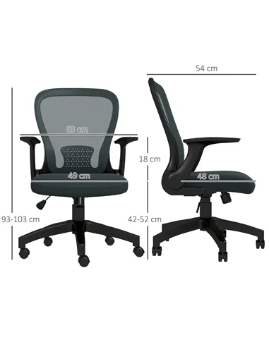 Vinsetto Ergonomic Office Chair, Mesh Desk Chair with Flip-up Armrest, Lumbar Back Support, Swivel Wheels, Grey