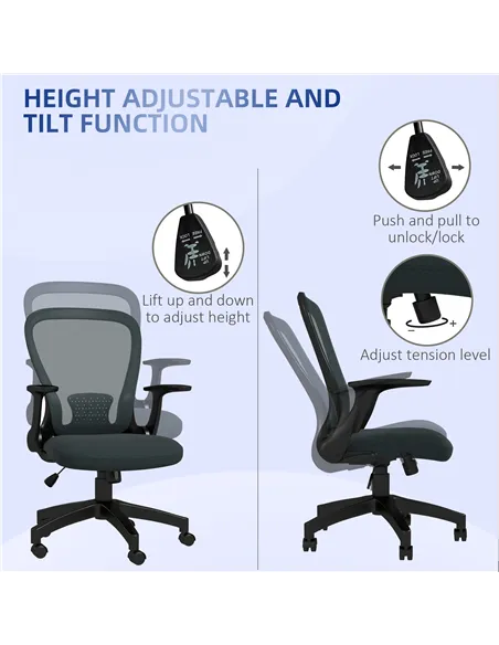 Vinsetto Ergonomic Office Chair, Mesh Desk Chair with Flip-up Armrest, Lumbar Back Support, Swivel Wheels, Grey