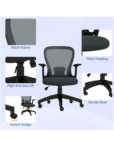 Vinsetto Ergonomic Office Chair, Mesh Desk Chair with Flip-up Armrest, Lumbar Back Support, Swivel Wheels, Grey
