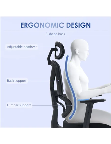 Vinsetto Mesh Office Chair, Height Adjustable Desk Chair with Lumbar Support, Swivel Wheels and Adjustable Headrest, Black