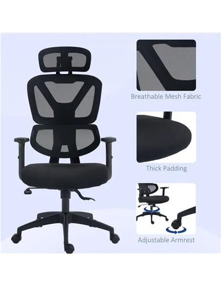 Vinsetto Mesh Office Chair, Height Adjustable Desk Chair with Lumbar Support, Swivel Wheels and Adjustable Headrest, Black