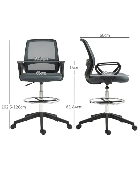 Vinsetto 102.5-126cm Draughtsman Office Chair, with Footrest - Grey