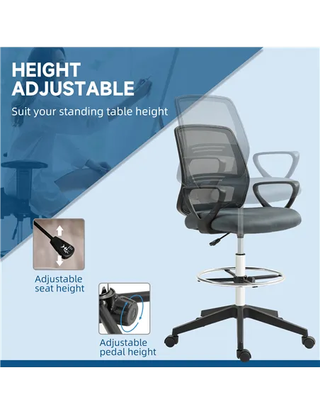 Vinsetto 102.5-126cm Draughtsman Office Chair, with Footrest - Grey