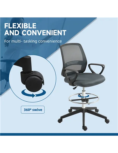 Vinsetto 102.5-126cm Draughtsman Office Chair, with Footrest - Grey