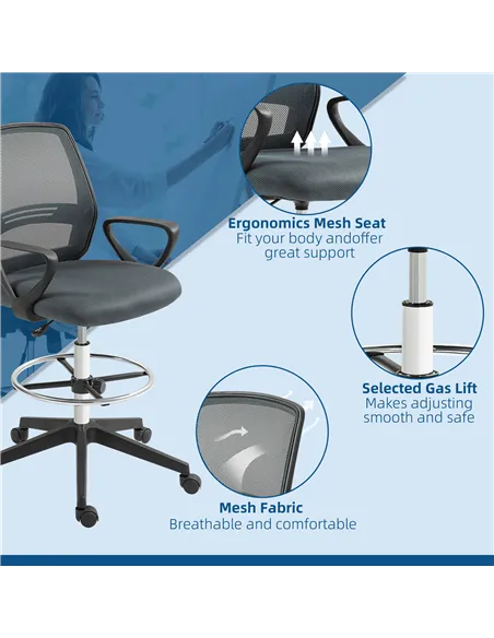 Vinsetto 102.5-126cm Draughtsman Office Chair, with Footrest - Grey
