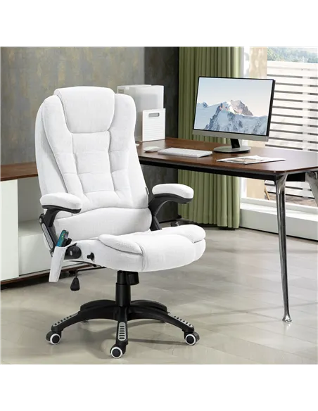 Vinsetto Massage Recliner Chair Heated Office Chair with Six Massage Points Linen-Feel Fabric 360° Swivel Wheels Cream White