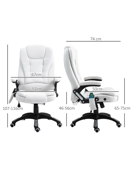 Vinsetto Massage Recliner Chair Heated Office Chair with Six Massage Points Linen-Feel Fabric 360° Swivel Wheels Cream White