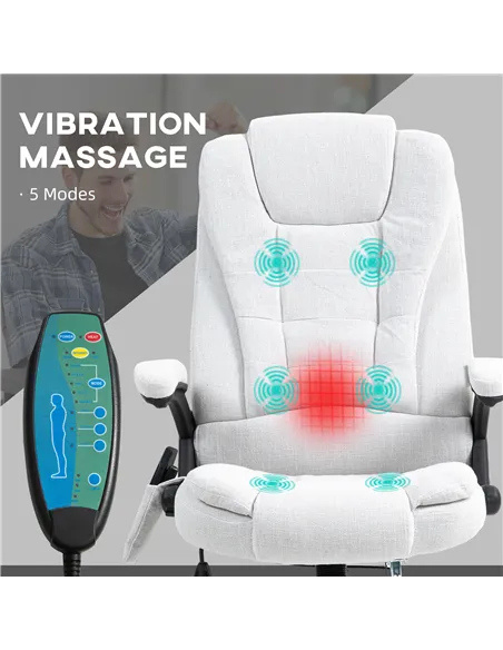Vinsetto Massage Recliner Chair Heated Office Chair with Six Massage Points Linen-Feel Fabric 360° Swivel Wheels Cream White