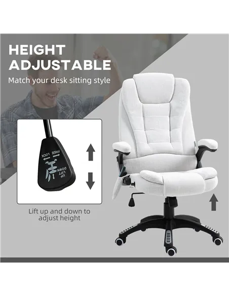 Vinsetto Massage Recliner Chair Heated Office Chair with Six Massage Points Linen-Feel Fabric 360° Swivel Wheels Cream White