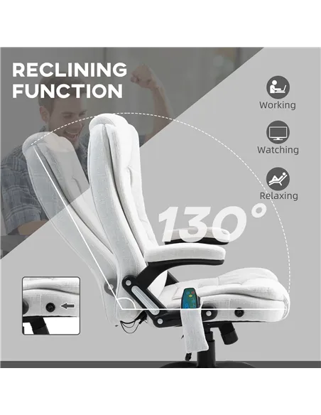 Vinsetto Massage Recliner Chair Heated Office Chair with Six Massage Points Linen-Feel Fabric 360° Swivel Wheels Cream White