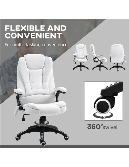 Vinsetto Massage Recliner Chair Heated Office Chair with Six Massage Points Linen-Feel Fabric 360° Swivel Wheels Cream White