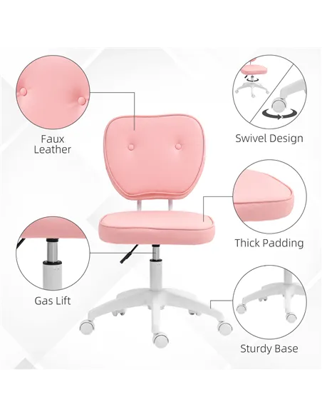 Vinsetto Vanity Office Chair, PU Leather Computer Chair for Home, with Adjustable Height, Armless, Swivel Wheels, Pink