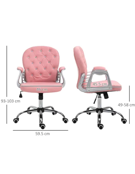 Vinsetto Office Chair Ergonomic 360° Swivel PU Diamante Padded Base 5 Castor Wheels for Home Work Pink