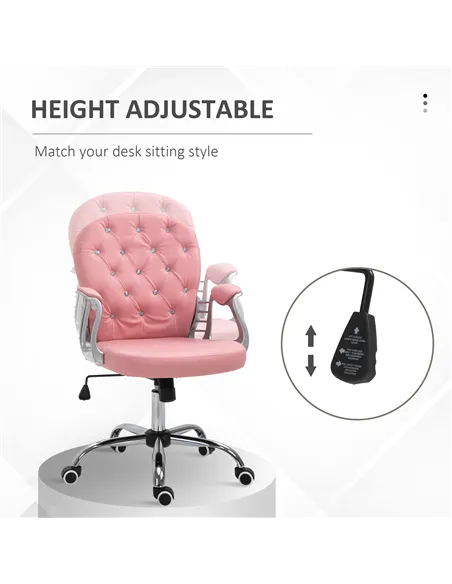 Vinsetto Office Chair Ergonomic 360° Swivel PU Diamante Padded Base 5 Castor Wheels for Home Work Pink