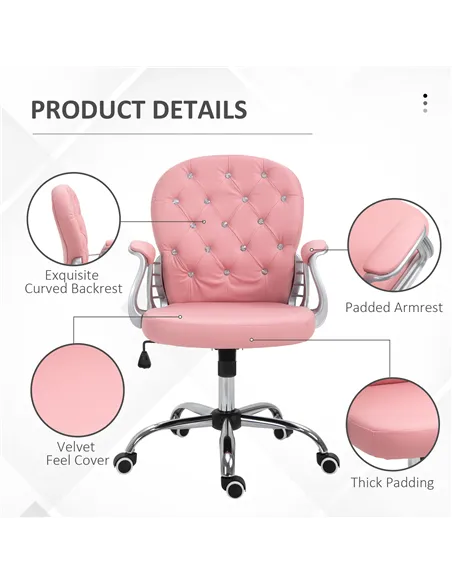 Vinsetto Office Chair Ergonomic 360° Swivel PU Diamante Padded Base 5 Castor Wheels for Home Work Pink
