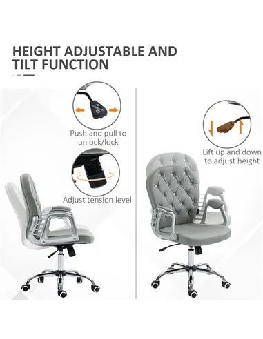 Vinsetto Office Chair Ergonomic 360° Swivel PU Diamante Padded Base 5 Castor Wheels for Home Work Grey