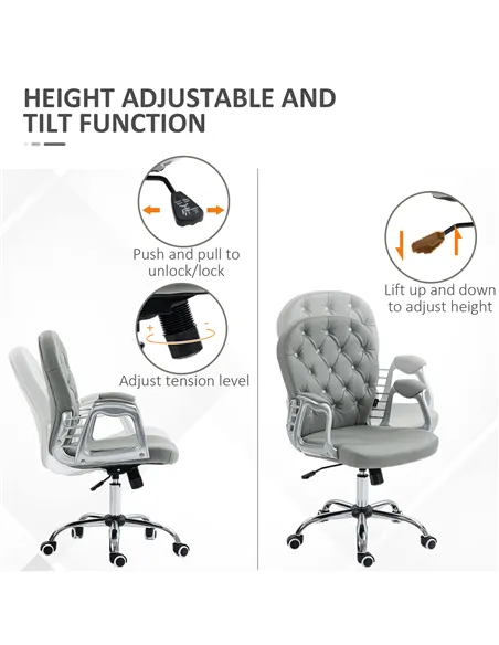 Vinsetto Office Chair Ergonomic 360° Swivel PU Diamante Padded Base 5 Castor Wheels for Home Work Grey
