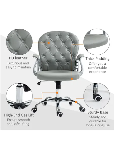 Vinsetto Office Chair Ergonomic 360° Swivel PU Diamante Padded Base 5 Castor Wheels for Home Work Grey