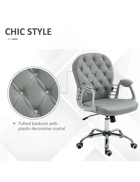 Vinsetto Office Chair Ergonomic 360° Swivel PU Diamante Padded Base 5 Castor Wheels for Home Work Grey