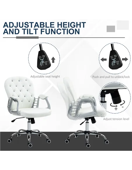 Vinsetto Office Chair Ergonomic 360° Swivel PU Diamante Padded Base 5 Castor Wheels for Home Work White
