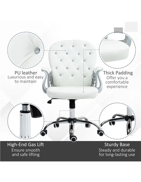 Vinsetto Office Chair Ergonomic 360° Swivel PU Diamante Padded Base 5 Castor Wheels for Home Work White