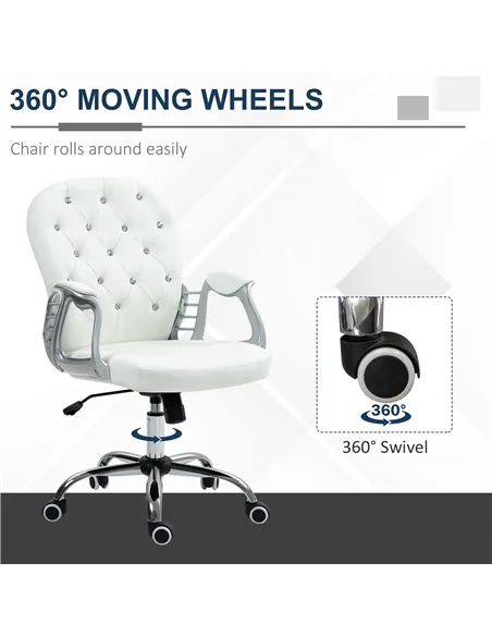 Vinsetto Office Chair Ergonomic 360° Swivel PU Diamante Padded Base 5 Castor Wheels for Home Work White