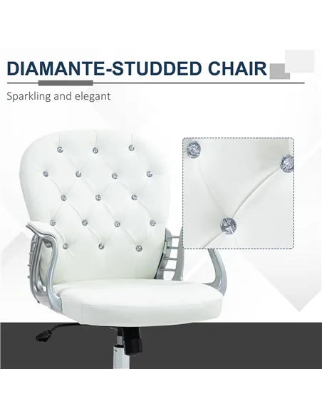 Vinsetto Office Chair Ergonomic 360° Swivel PU Diamante Padded Base 5 Castor Wheels for Home Work White