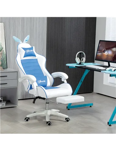 Vinsetto Racing Gaming Chair, Reclining PU Leather Computer Chair with Removable Rabbit Ears, Footrest and Lumber Support, Blue