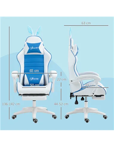 Vinsetto Racing Gaming Chair, Reclining PU Leather Computer Chair with Removable Rabbit Ears, Footrest and Lumber Support, Blue