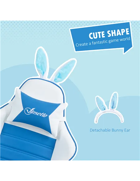 Vinsetto Racing Gaming Chair, Reclining PU Leather Computer Chair with Removable Rabbit Ears, Footrest and Lumber Support, Blue