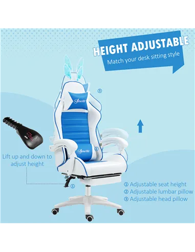 Vinsetto Racing Gaming Chair, Reclining PU Leather Computer Chair with Removable Rabbit Ears, Footrest and Lumber Support, Blue