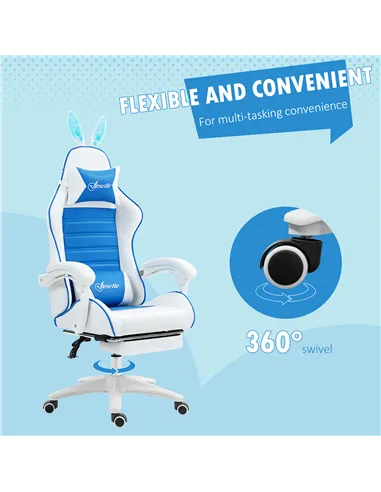 Vinsetto Racing Gaming Chair, Reclining PU Leather Computer Chair with Removable Rabbit Ears, Footrest and Lumber Support, Blue