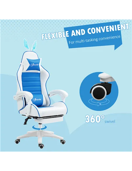 Vinsetto Racing Gaming Chair, Reclining PU Leather Computer Chair with Removable Rabbit Ears, Footrest and Lumber Support, Blue