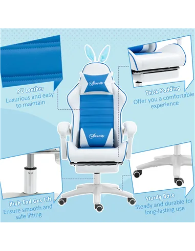 Vinsetto Racing Gaming Chair, Reclining PU Leather Computer Chair with Removable Rabbit Ears, Footrest and Lumber Support, Blue