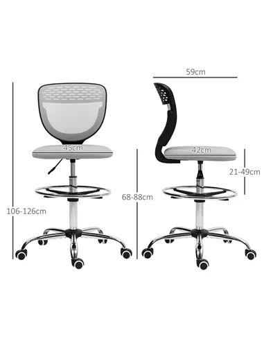 Vinsetto 68-88cm Draughtsman Office Chair, with Wheels - Light Grey
