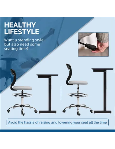 Vinsetto 68-88cm Draughtsman Office Chair, with Wheels - Light Grey