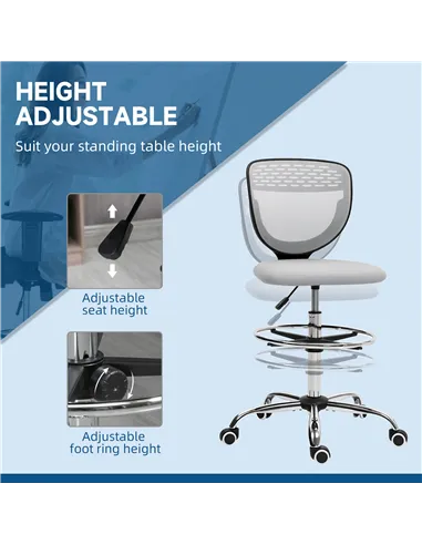 Vinsetto 68-88cm Draughtsman Office Chair, with Wheels - Light Grey