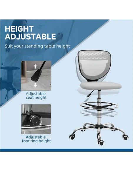 Vinsetto 68-88cm Draughtsman Office Chair, with Wheels - Light Grey