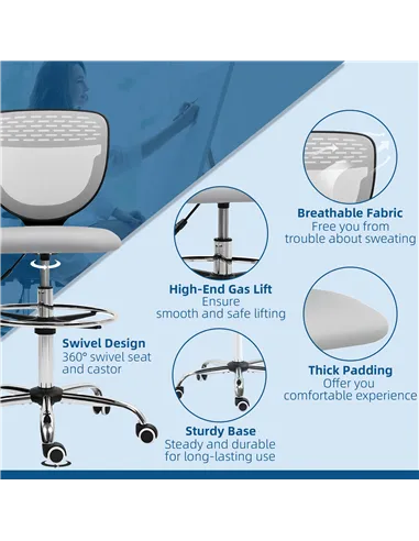 Vinsetto 68-88cm Draughtsman Office Chair, with Wheels - Light Grey