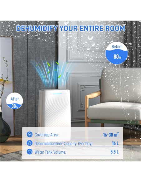 HOMCOM 16L Multi-Mode Dehumidifier, with Wheels - White