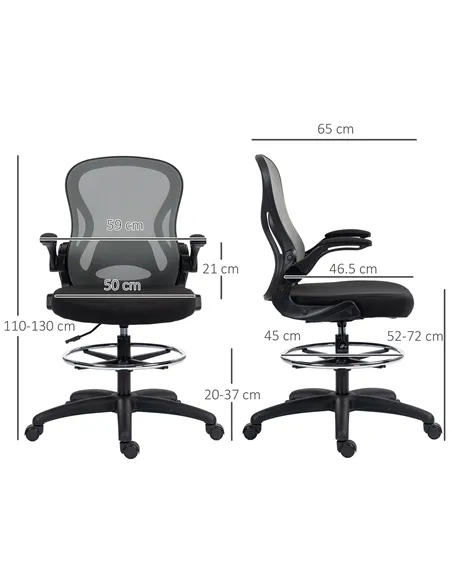 Vinsetto Adjustable Mesh Standing Desk Chair with Flip-up Armrests Lumbar Support Armrests Adjustable Footrest Ring, Dark Grey