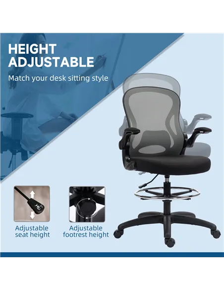 Vinsetto Adjustable Mesh Standing Desk Chair with Flip-up Armrests Lumbar Support Armrests Adjustable Footrest Ring, Dark Grey