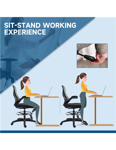Vinsetto Adjustable Mesh Standing Desk Chair with Flip-up Armrests Lumbar Support Armrests Adjustable Footrest Ring, Dark Grey