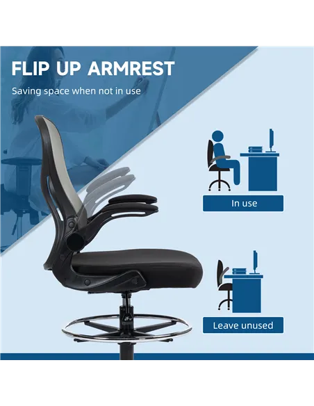 Vinsetto Adjustable Mesh Standing Desk Chair with Flip-up Armrests Lumbar Support Armrests Adjustable Footrest Ring, Dark Grey