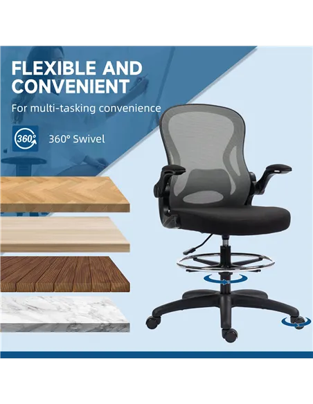 Vinsetto Adjustable Mesh Standing Desk Chair with Flip-up Armrests Lumbar Support Armrests Adjustable Footrest Ring, Dark Grey