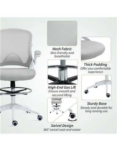Vinsetto Drafting Chair with Flip-up Armrest, Mesh Office Stool with Foot Ring, 360 Degree Swivel Height Adjustable Chair for St