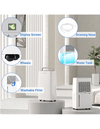 HOMCOM 16L Multi-Mode Dehumidifier, with Wheels - White