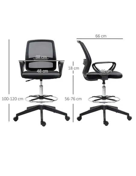 Vinsetto Ergonomic Mesh Back Draughtsman Chair, Tall Standing Desk Chair with Adjustable Height and Footrest 360° Swivel, Black